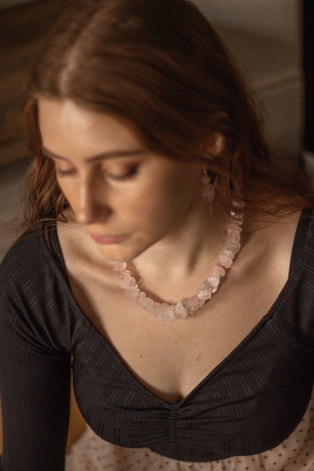 925 Sterling Silver Rose Quartz Crystal Rock Statement Necklace