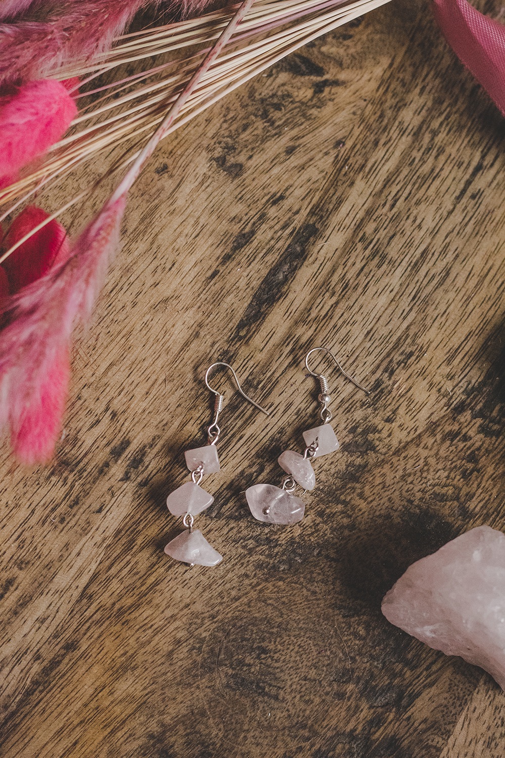 925 Sterling Silver & Rose Quartz 3 Drop Semi Precious Stone Earrings