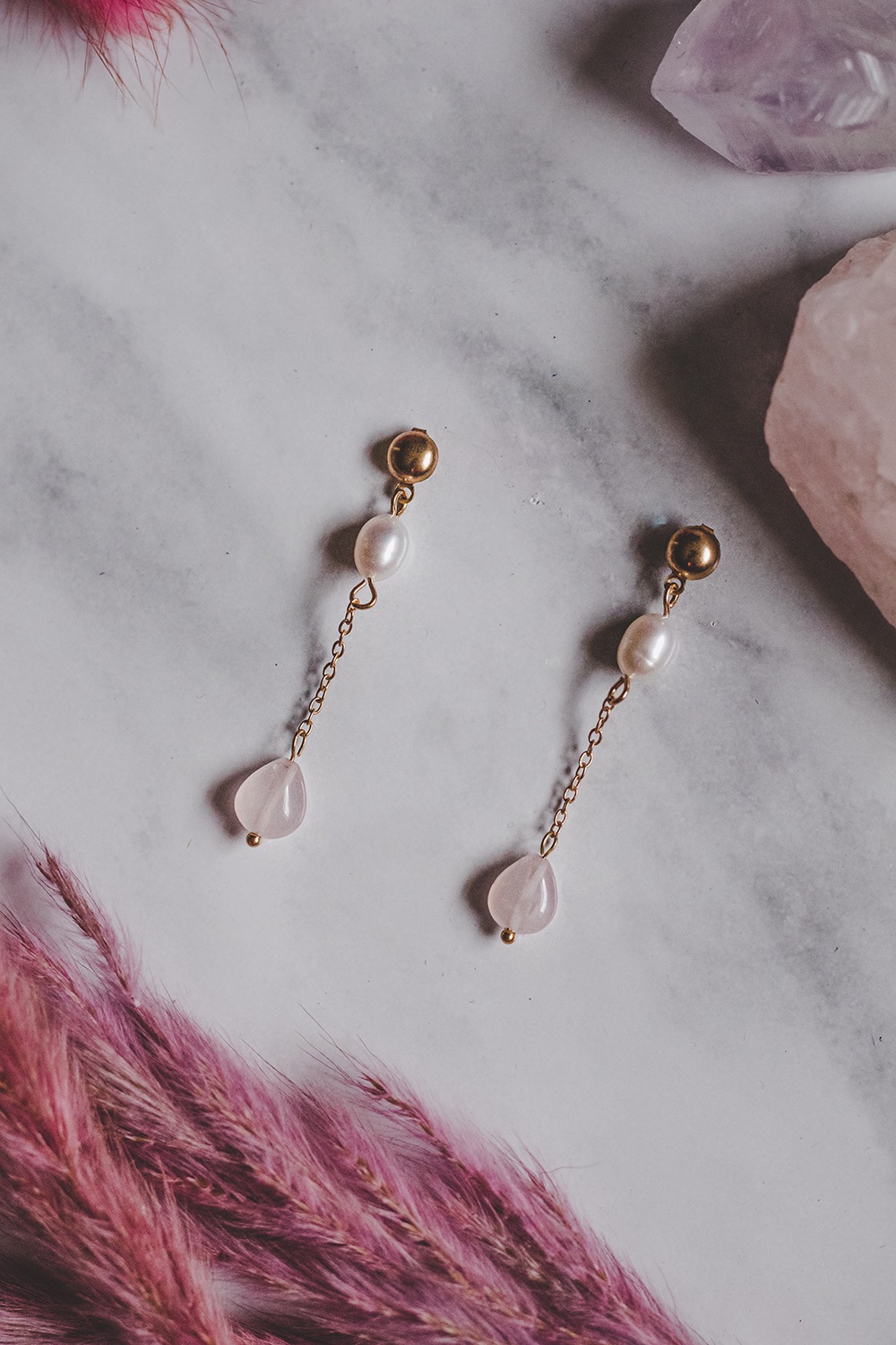 Gold Tone Rose Quartz & Mother of Pearl Extended Drop Earrings