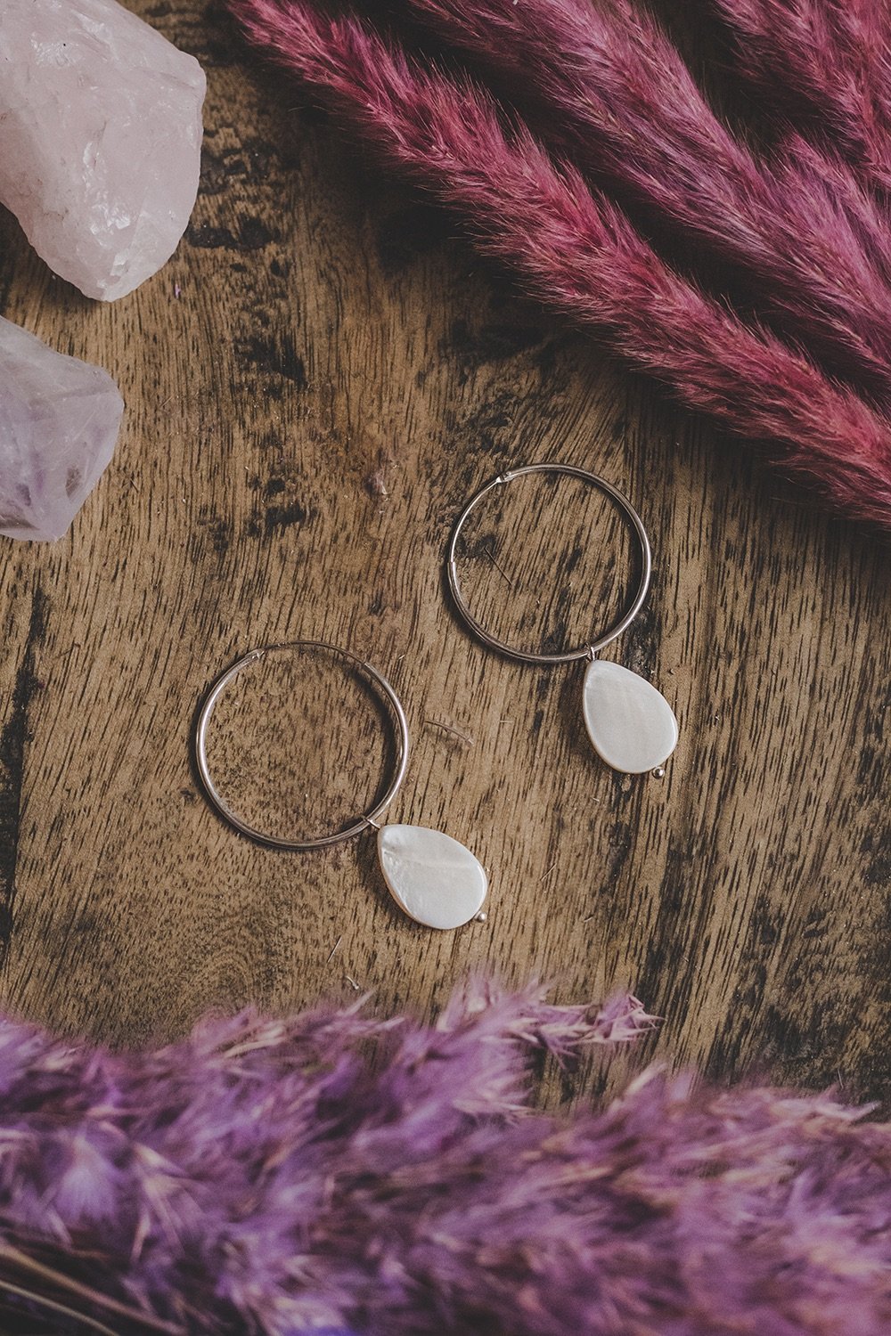925 Sterling Silver Large Hoop & Mother of Pearl Rain Drop Earrings