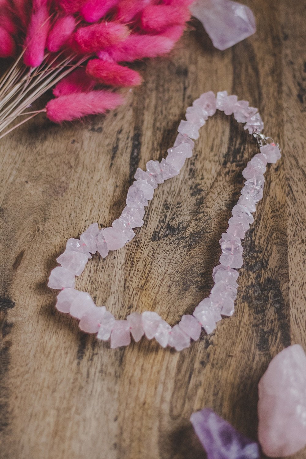 925 Sterling Silver Rose Quartz Crystal Rock Statement Necklace