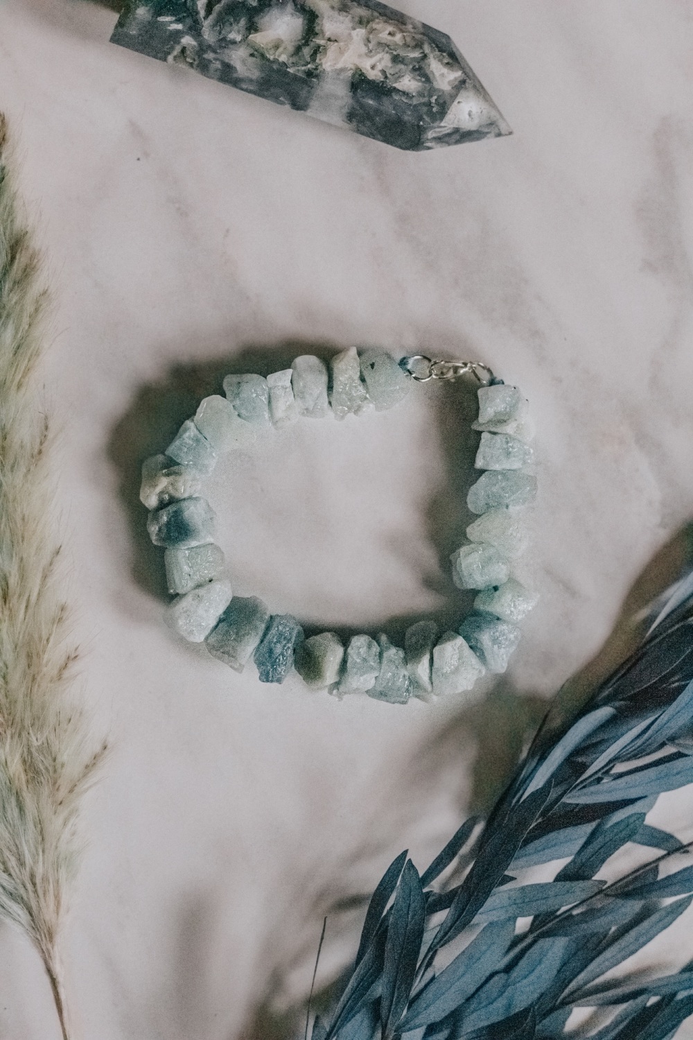 925 Sterling Silver Aquamarine Crystal Rock Statement Bracelet