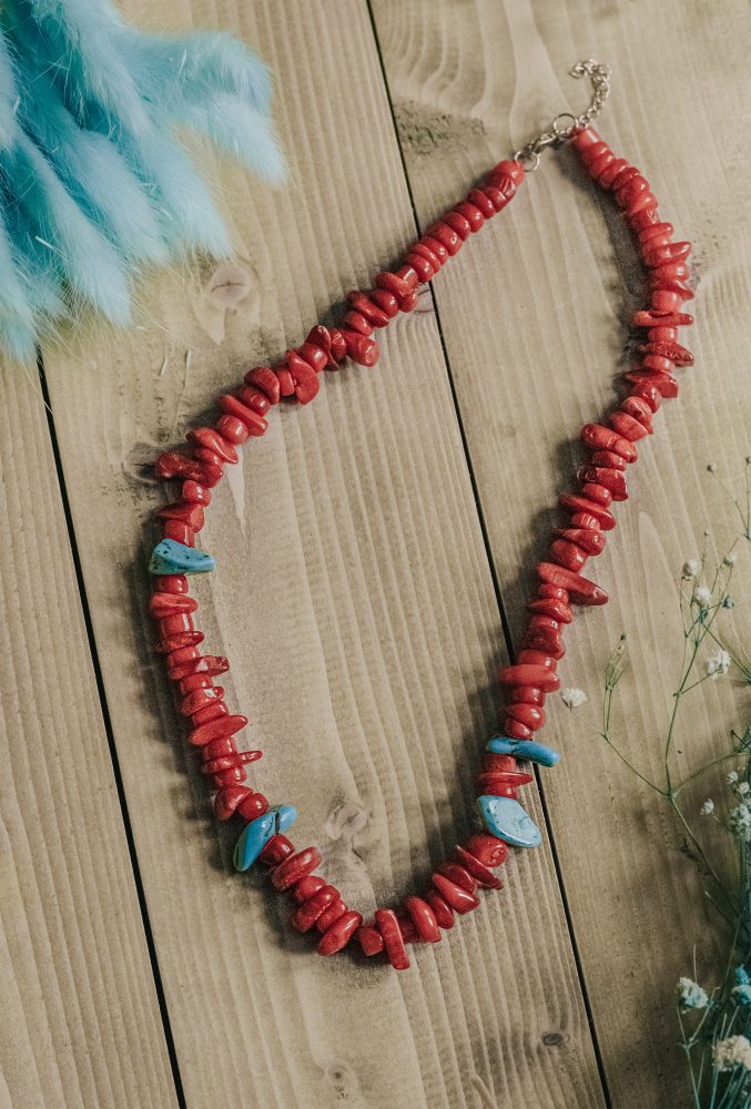 Bright Red Coral Necklace with Contrasting Turquoise Stone