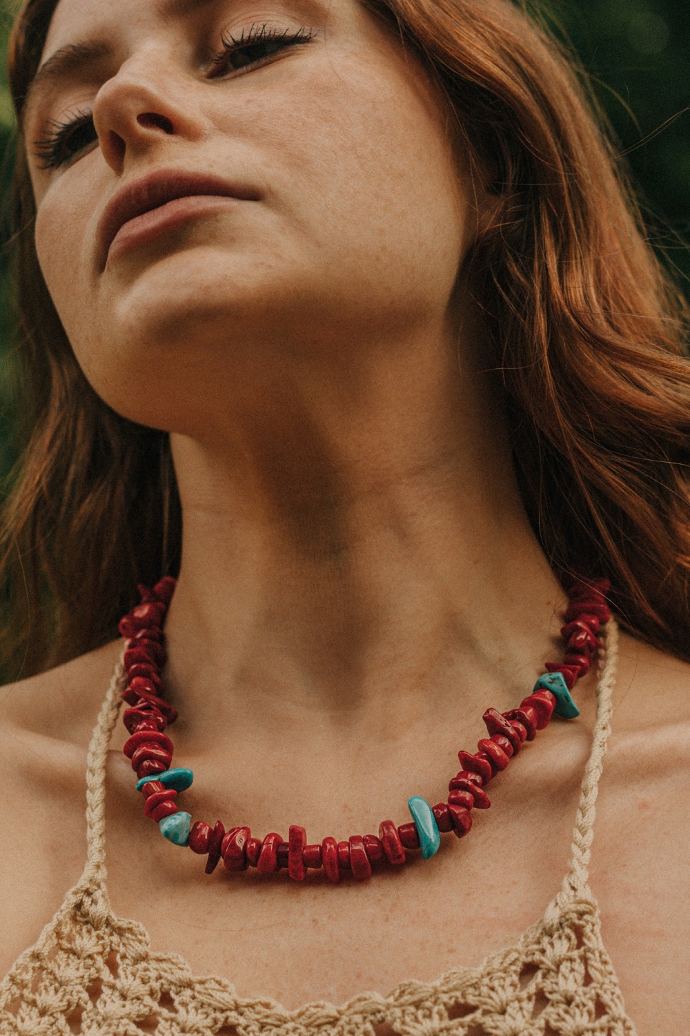Bright Red Coral Necklace with Contrasting Turquoise Stone Detail