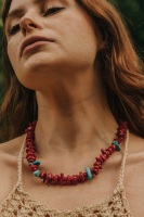 Bright Red Coral Necklace with Contrasting Turquoise Stone