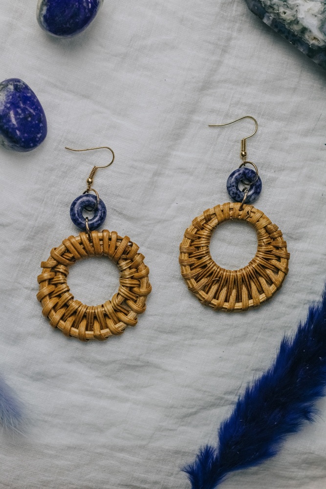 Gold Tone & Lazurite Stone Navy Blue Rattan Earrings