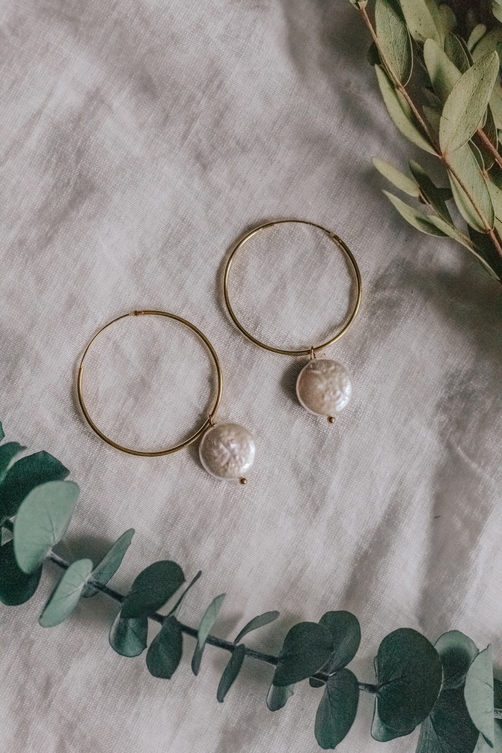 Gold Tone Large Hoop & Mother of Pearl Flat Stone Earrings