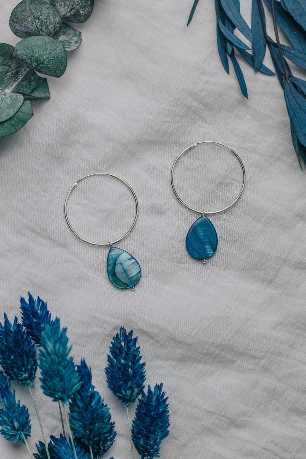 925 Sterling Silver Large Hoop & Turquoise Mother of Pearl Rain Drop Earrin