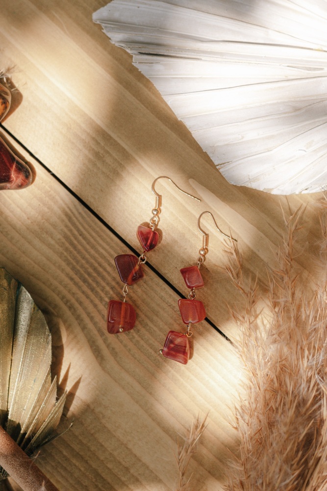 Gold Tone Orange Agate 3 Drop Semi Precious Stone Earrings
