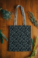 Black Skull Print Cotton Shopper Tote Bag by Xander Kostroma