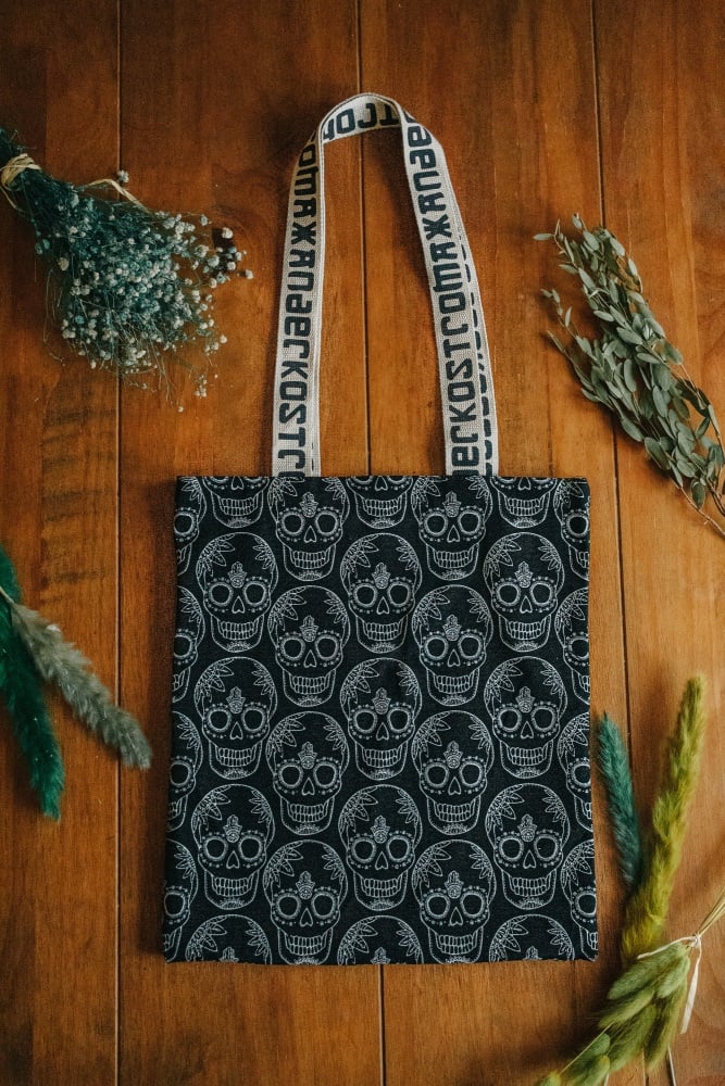 Black Skull Print Cotton Shopper Tote Bag by Xander Kostroma