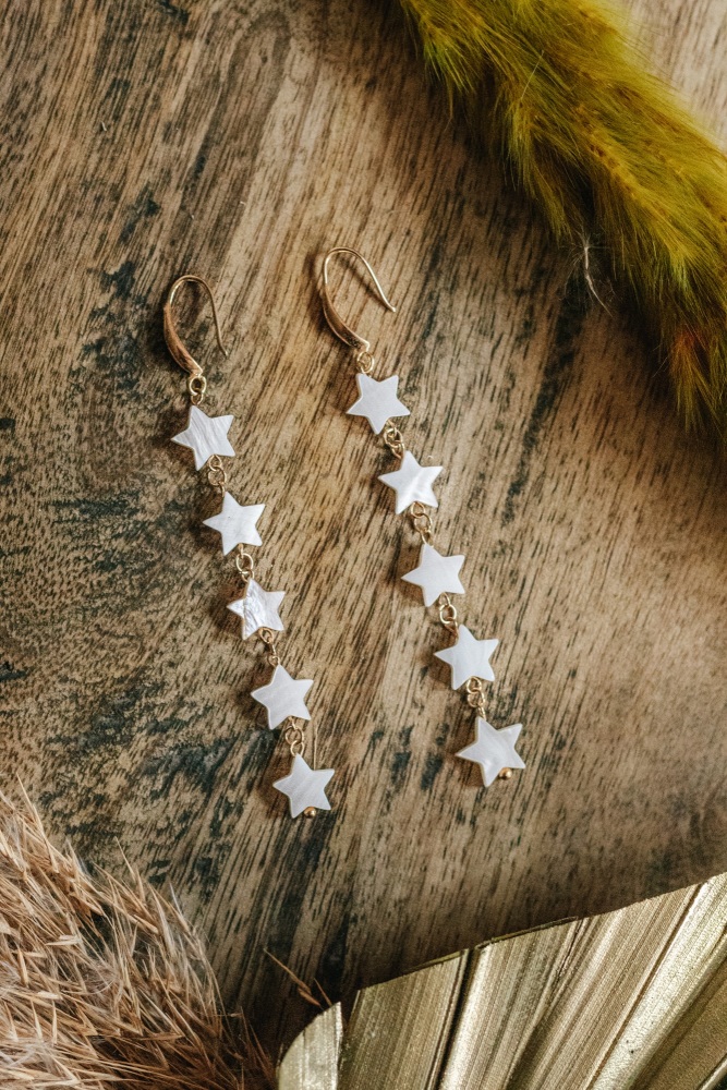 Gold Tone & Mother of Pearl Star Drop Earrings