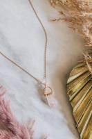 Gold Tone & Rose Quartz Crystal Point Necklace
