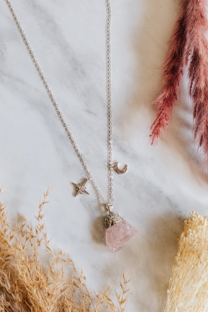 925 Sterling Silver Raw Cut Rose Quartz Moon & Star Necklace