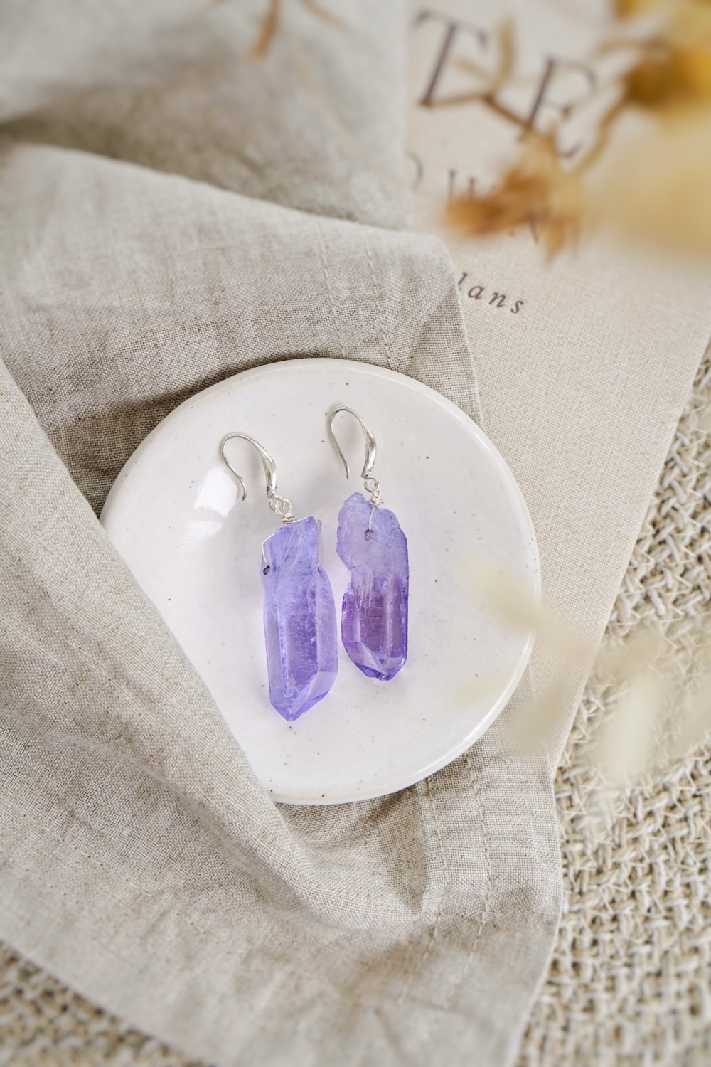 925 Sterling Silver & Raw Cut Purple Agate Crystal Earrings