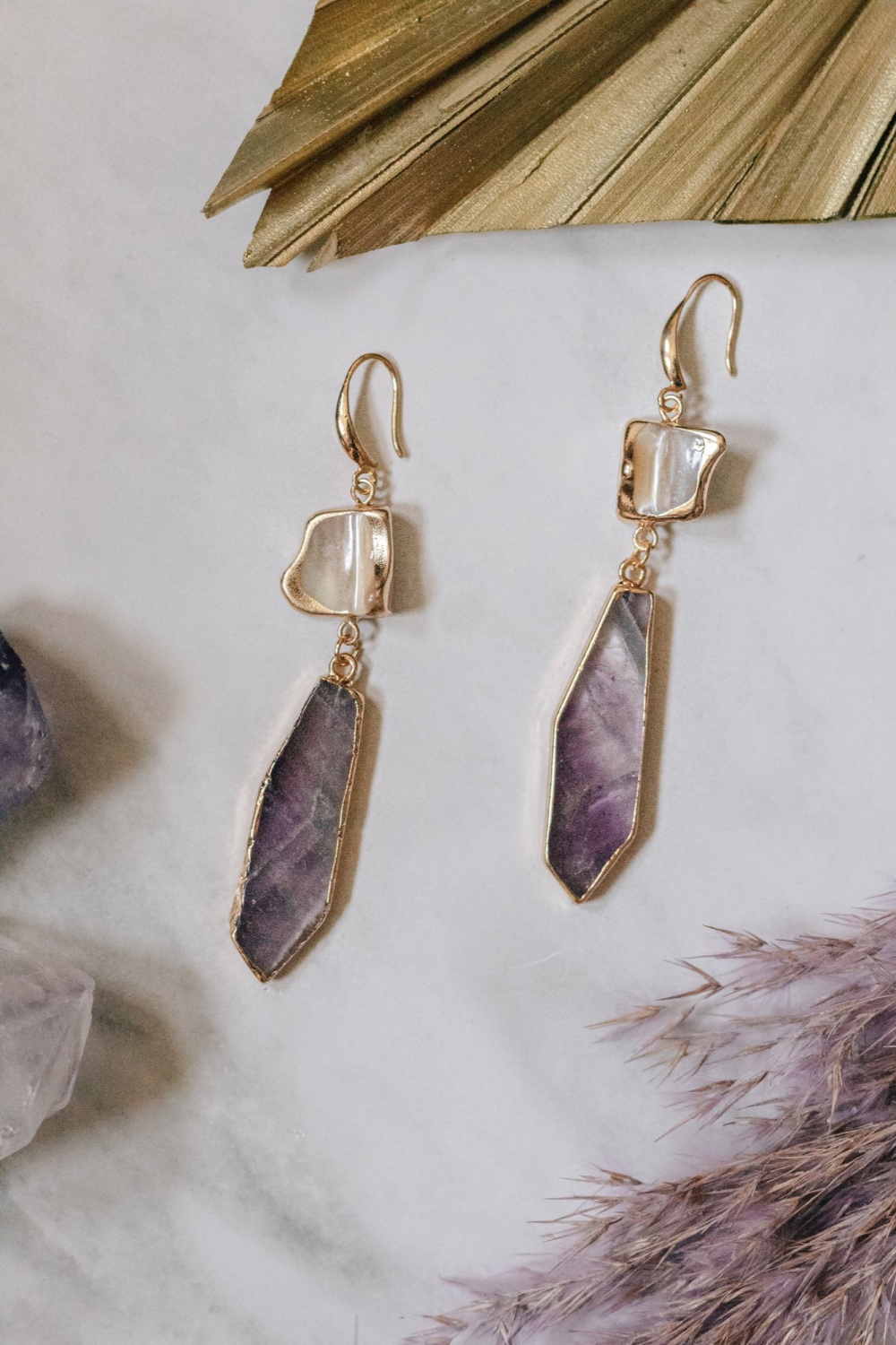 Gold Tone Mother of Pearl & Raw Cut Amethyst Earrings