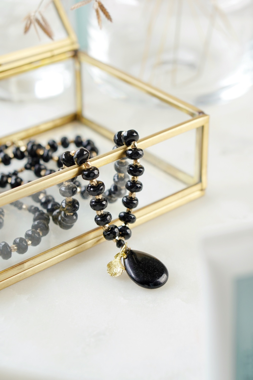 Long Length Black Obsidian Stone Necklace with Gold Tone Detail