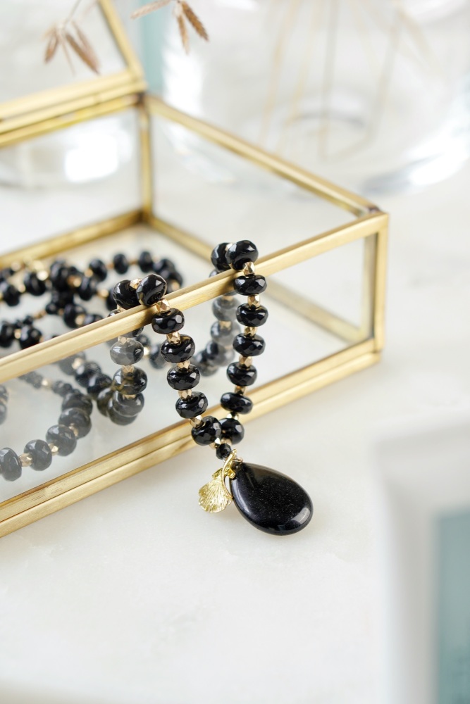 Long Length Black Obsidian & Chalcedony Stone Necklace with Gold Tone Detail