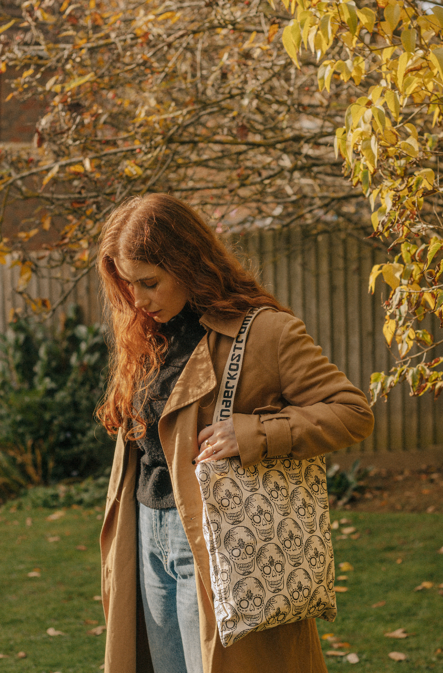 Cream Skull Printed Cotton Shopper Tote Bag by Xander Kostroma