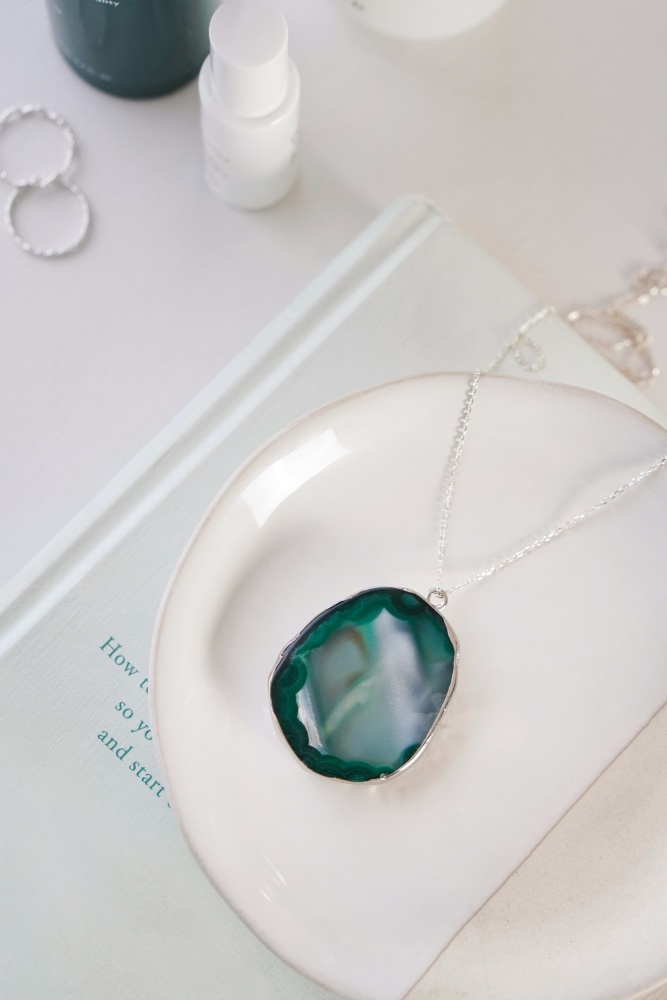 925 Sterling Silver & Green Agate Crystal Long Length Necklace