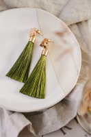 Gold Tone & Sage Green Tassel Drop Earrings