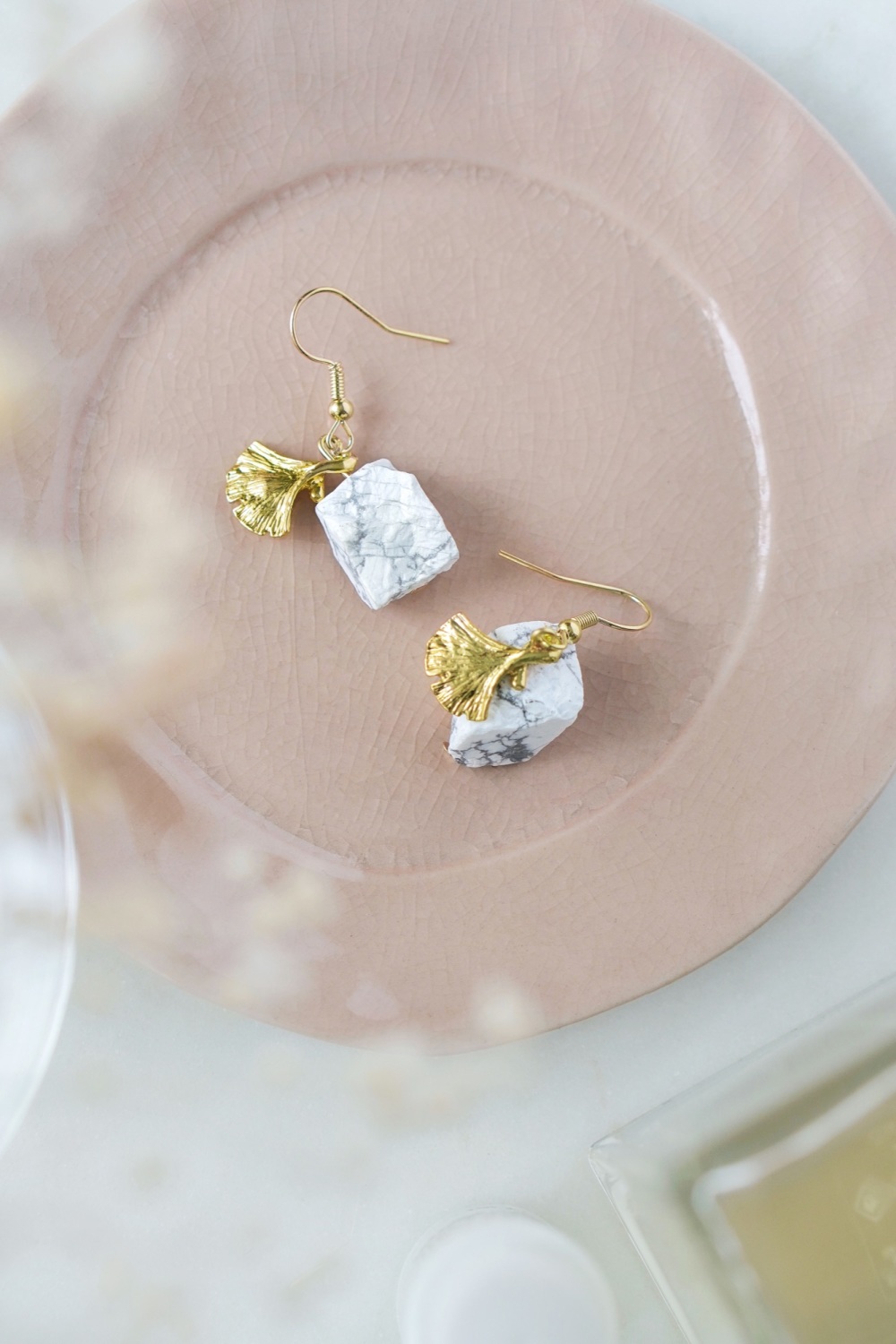 Gold Tone White Turquoise Rock Statement Earrings