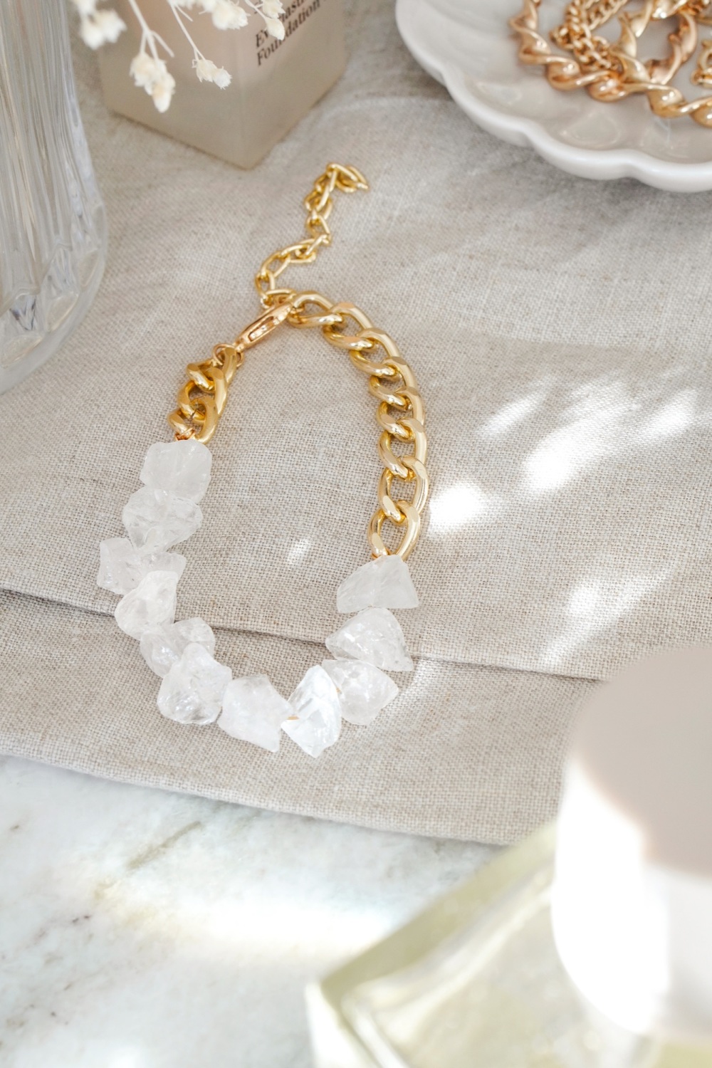 Gold Tone Curb Chain and Quartz Statement Crystal Bracelet