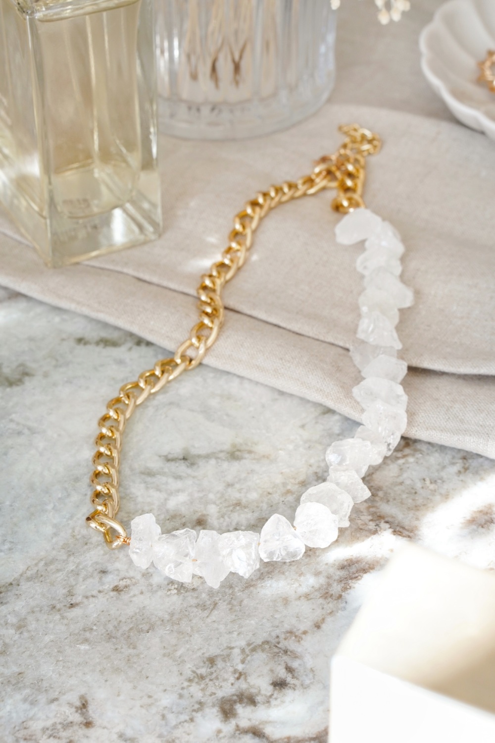 Gold Tone Curb Chain and Quartz Statement Crystal Necklace