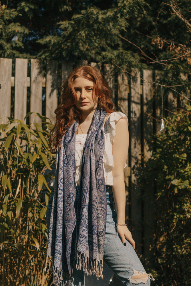 Denim Blue Vintage Lace and Paisley Pashmina with Tassels