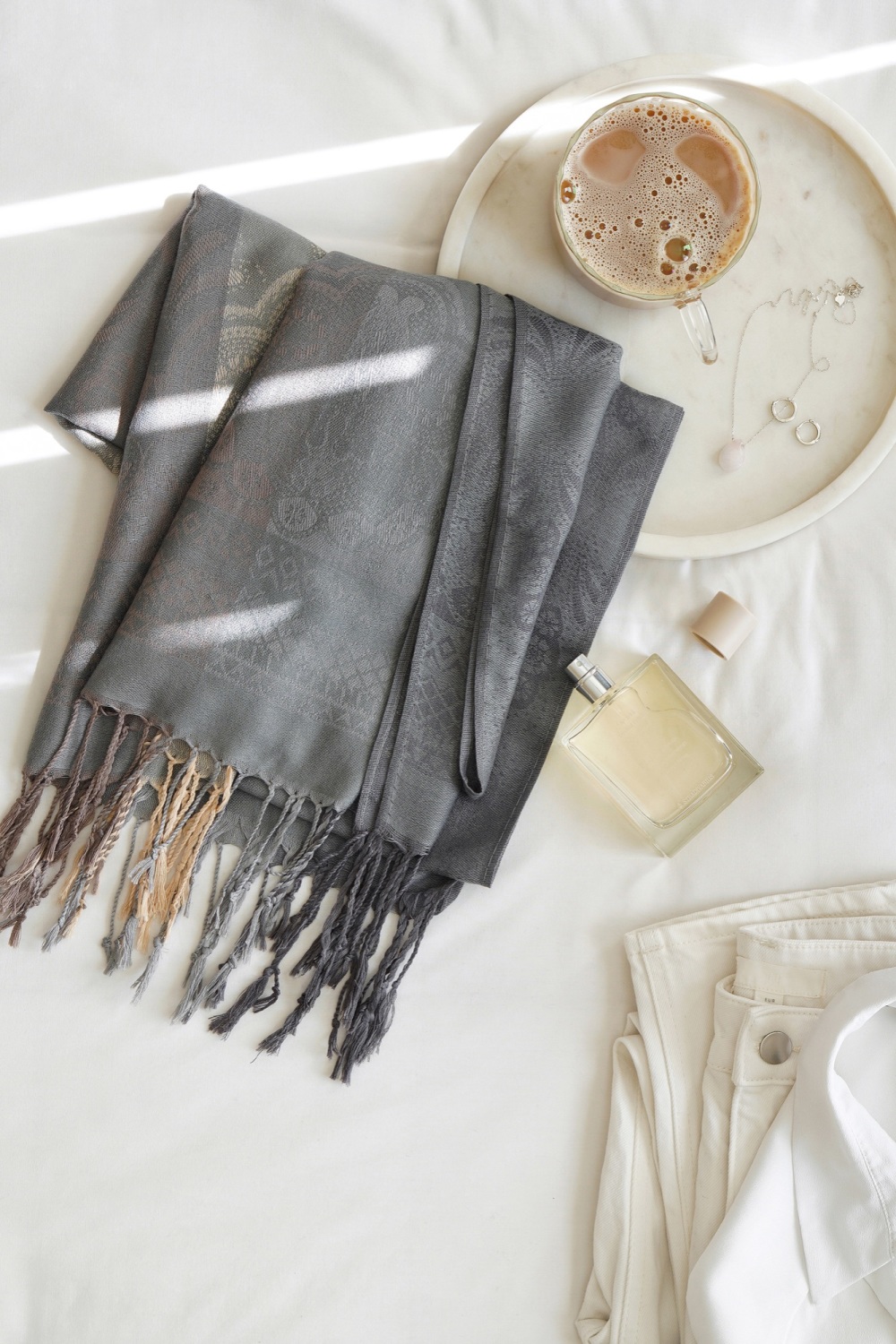 Silver Vintage Lace and Paisley Pashmina with Tassels