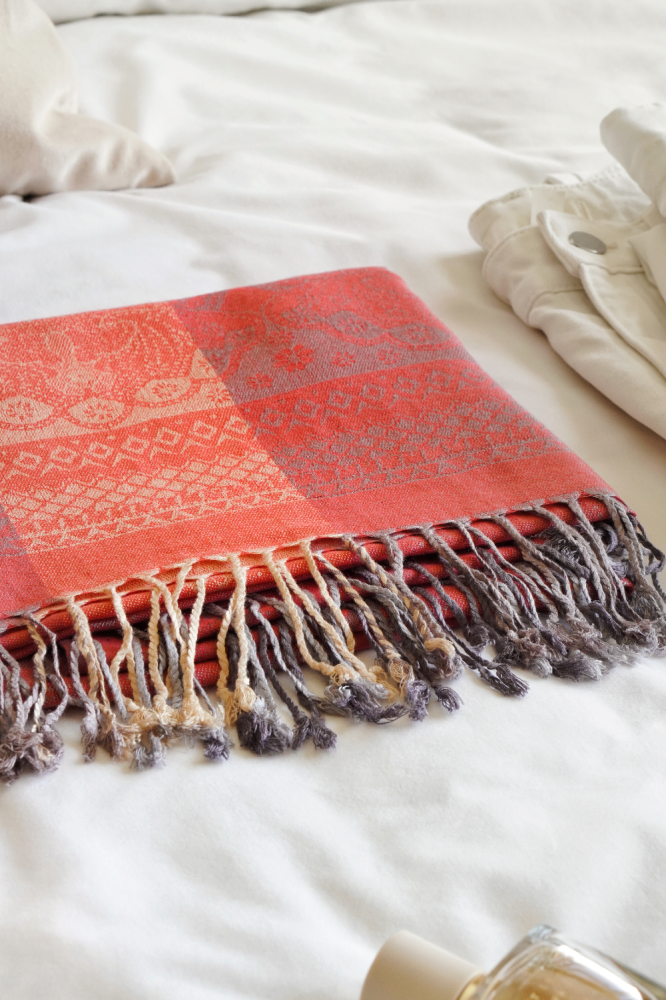 Coral Vintage Lace and Paisley Pashmina with Tassels