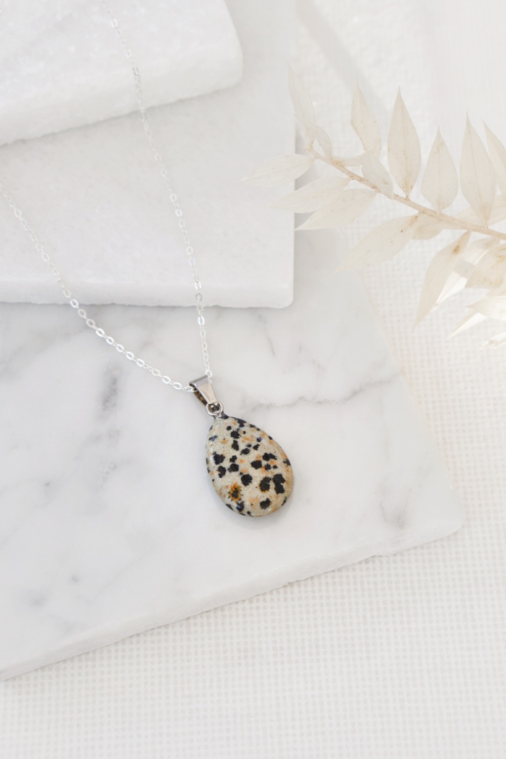 925 Sterling Silver Dalmatian Jasper Teardrop Pendant Necklace