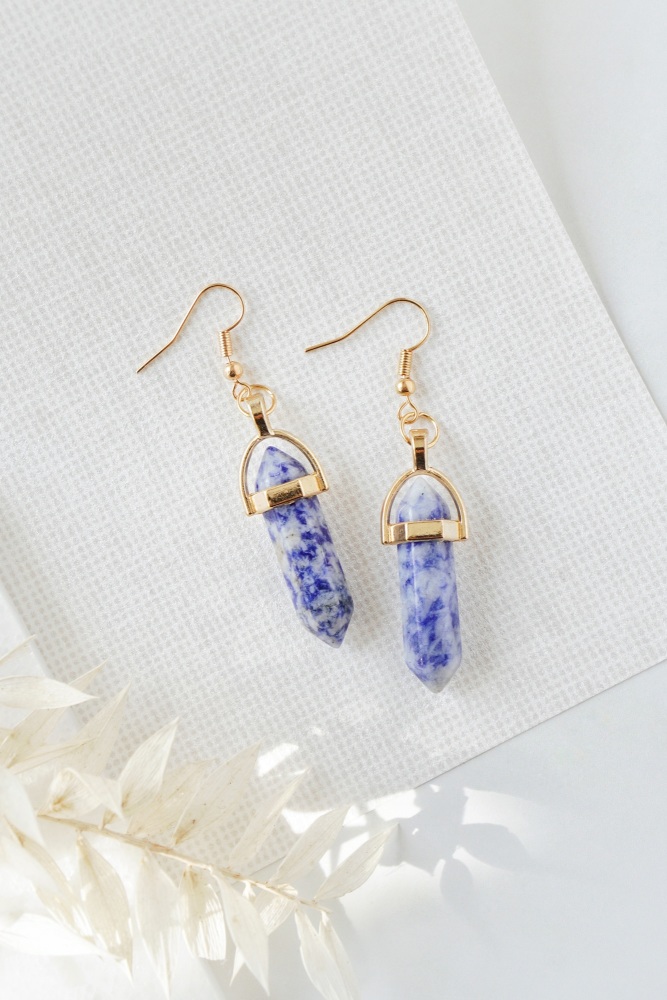 Gold Tone Blue Vein Stone Crystal Point Earrings