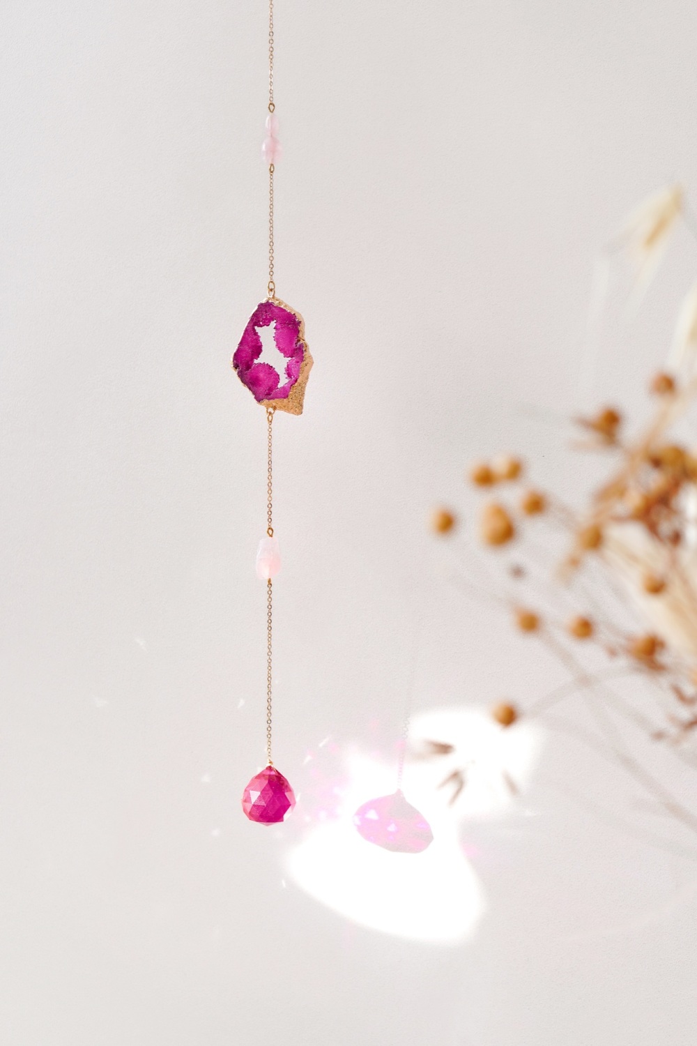 Fuchsia Pink Agate & Rose Quartz Window Crystal Suncatcher