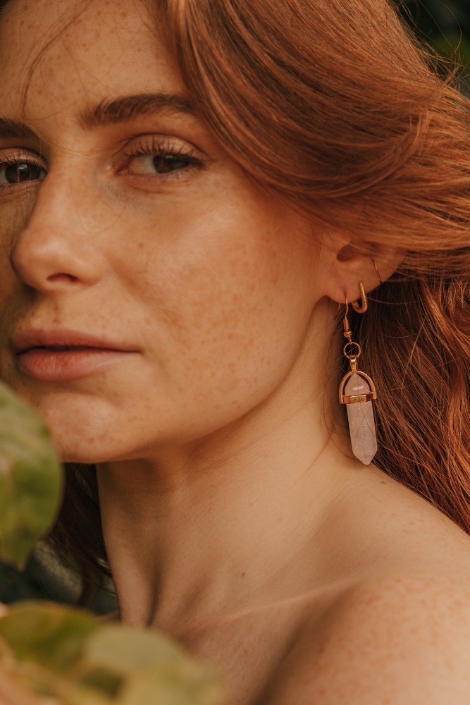 Gold Tone Rose Quartz Crystal Point Earrings