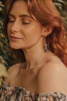 Gold Tone Blue Vein Stone Crystal Point Earrings