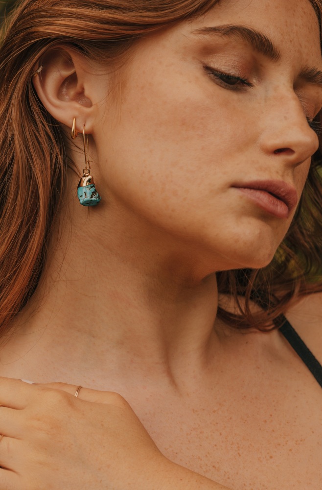 Turquoise Stone Dropper Kidney Wire Earrings in Gold
