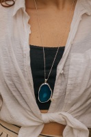 925 Sterling Silver & Blue Agate Crystal Long Length Necklace