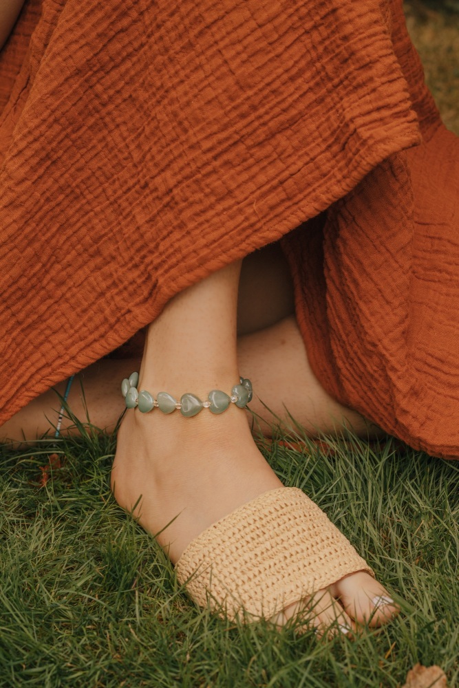 Green Aventurine Love Heart & Gold Crystal Anklet