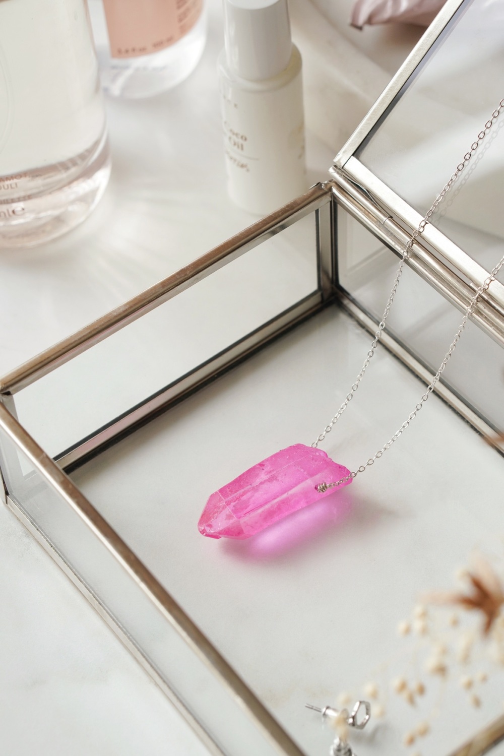 925 Sterling Silver & Raw Cut Pink Agate Crystal Necklace