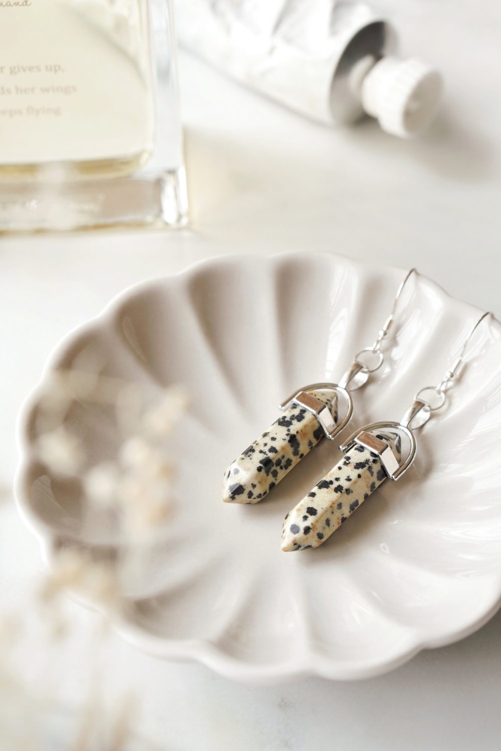 925 Sterling Silver Dalmatian Jasper Crystal Point Earrings