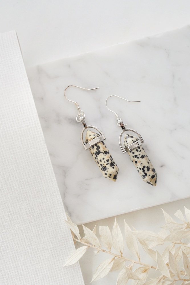 925 Sterling Silver Dalmatian Jasper Crystal Point Earrings