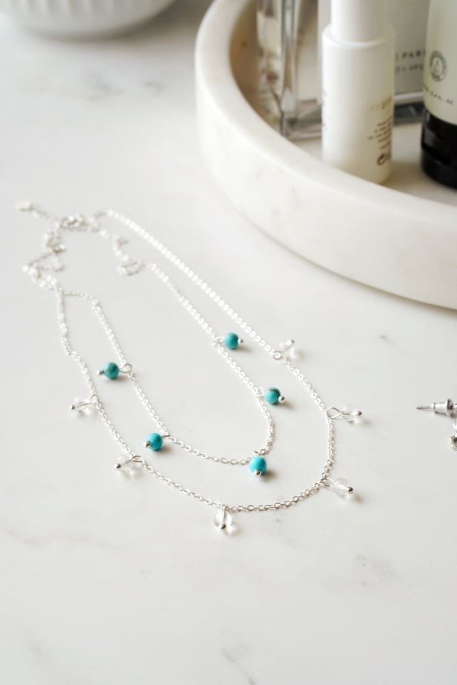 925 Sterling Silver Turquoise & Clear Quartz Layered Necklace