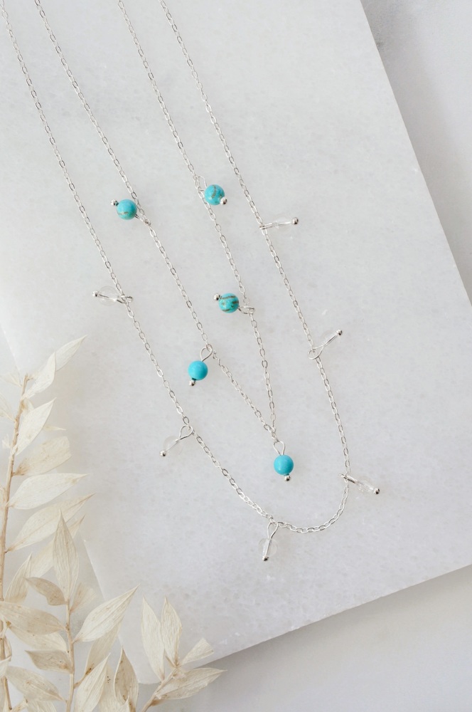 925 Sterling Silver Turquoise & Clear Quartz Layered Necklace