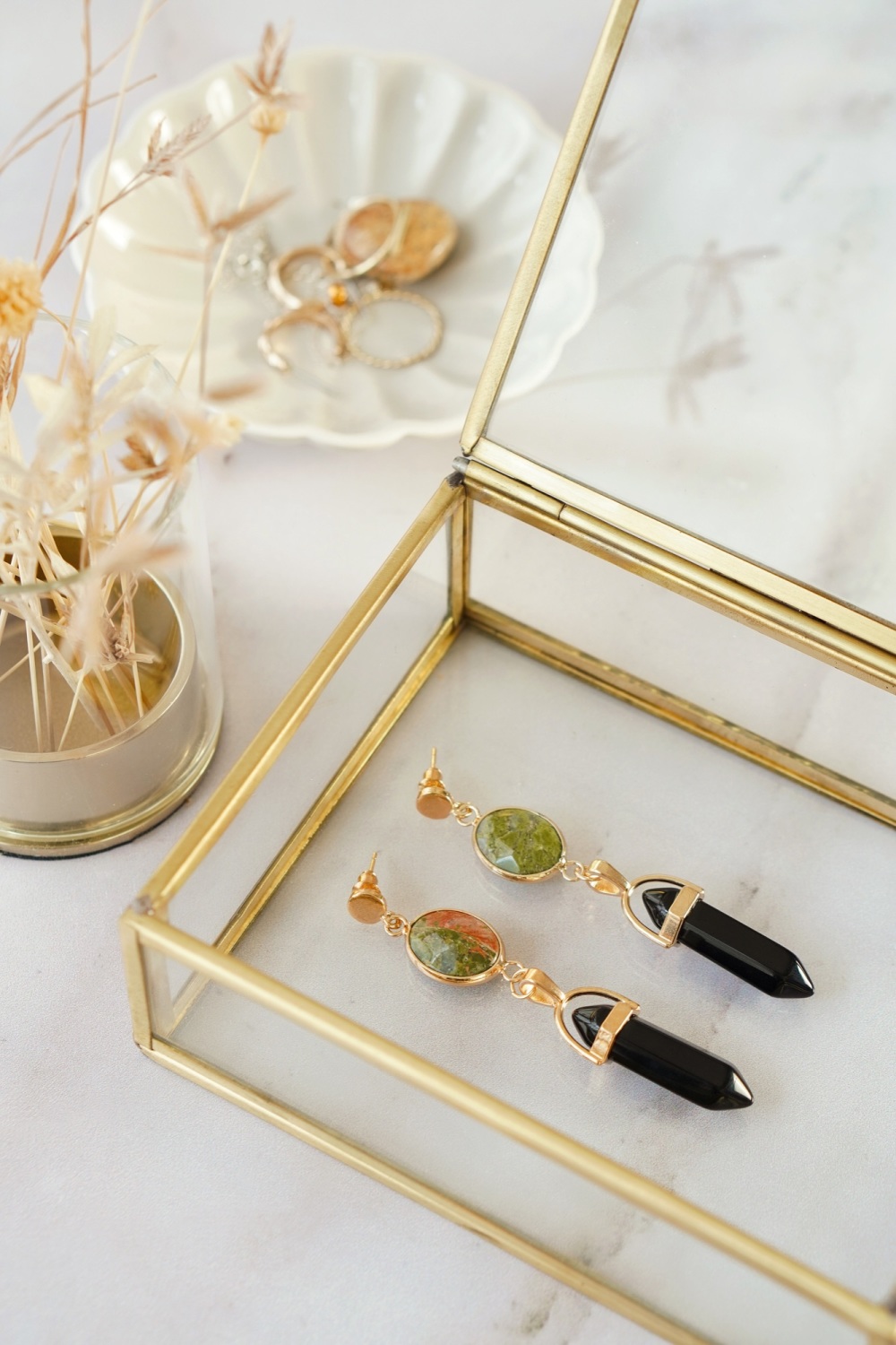 Gold Tone Epidote & Black Agate Crystal Point Earrings