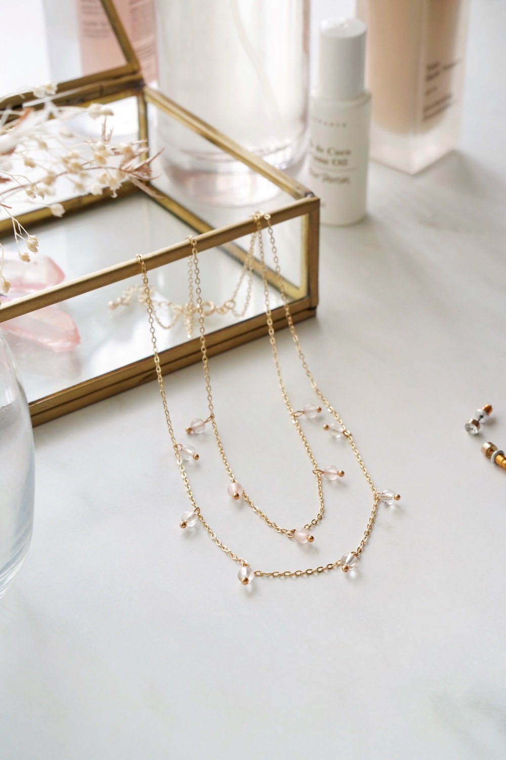 PRE ORDER Gold Tone Rose Quartz & Clear Quartz Layered Necklace