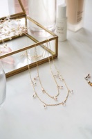 Gold Tone Rose Quartz & Clear Quartz Layered Necklace