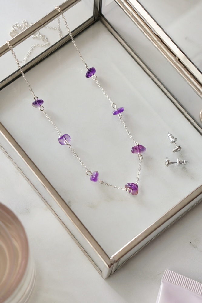 925 Sterling Silver Raw Amethyst Stone Crystal Necklace