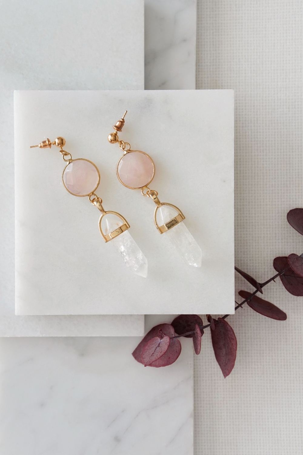 PRE ORDER Gold Tone Rose Quartz & Clear Quartz Point Earrings