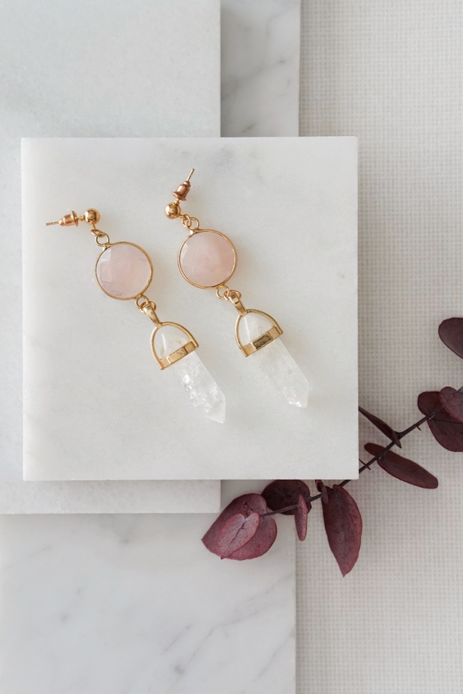 Gold Tone Rose Quartz & Clear Quartz Point Earrings